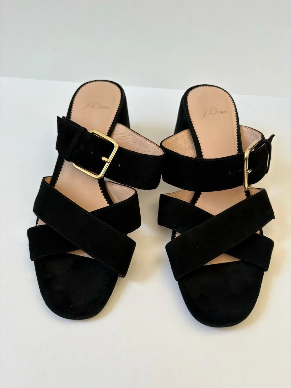 J.Crew Black Penny Mid Heel Slide Sandal Suede 8 Career Academia Preppy Comfy